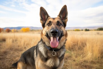 Poster - Medium shot portrait photography of a smiling german shepherd being at a dog park against wildlife refuges background. With generative AI technology