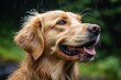 Close-up portrait photography of a curious golden retriever playing in the rain against wildlife refuges background. With generative AI technology