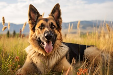 Poster - Headshot portrait photography of a happy german shepherd rolling against wildlife refuges background. With generative AI technology