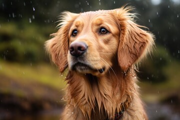 Sticker - Close-up portrait photography of a curious golden retriever playing in the rain against wildlife refuges background. With generative AI technology