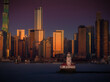 Chicago skyline with lighthouse at blue hour aerial