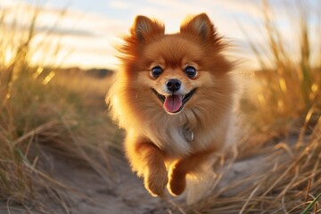 Poster - Headshot portrait photography of a cute pomeranian chasing his tail against wildlife refuges background. With generative AI technology