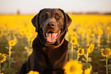 Canvas Print - Medium shot portrait photography of a smiling labrador retriever camping against sunflower fields background. With generative AI technology