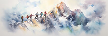 Group Of People On The Peak Of The Mountain. Climbing And Giving Helping Hand. Team Work With Guide. Travel Hiking Or Track Walking. Successful Team Building Business Concept. Watercolour Illustration