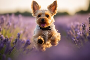 Sticker - Medium shot portrait photography of a curious yorkshire terrier jumping against lavender fields background. With generative AI technology