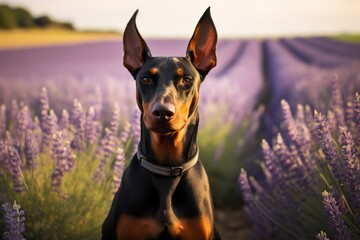 Sticker - Lifestyle portrait photography of a happy doberman pinscher sniffing against lavender fields background. With generative AI technology