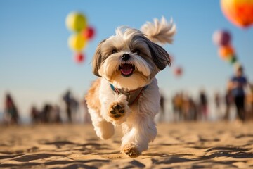 Wall Mural - Lifestyle portrait photography of a cute shih tzu running on the beach against hot air balloon festivals background. With generative AI technology