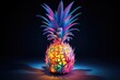  a brightly colored pineapple sitting on top of a blue surface with a shadow on the bottom of the pineapple.