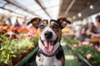 Environmental portrait photography of a smiling jack russell terrier being at a farmer's market against race tracks background. With generative AI technology