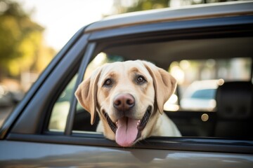 Poster - Medium shot portrait photography of a happy labrador retriever sticking head out of a car window against cemeteries background. With generative AI technology