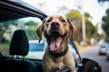 Poster - Medium shot portrait photography of a happy labrador retriever sticking head out of a car window against cemeteries background. With generative AI technology