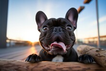 Close-up Portrait Photography Of A Happy French Bulldog Holding A Bone In Its Mouth Against Observatory Decks Background. With Generative AI Technology