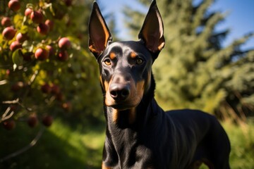 Wall Mural - Close-up portrait photography of a funny doberman pinscher wagging its tail against apple orchards background. With generative AI technology