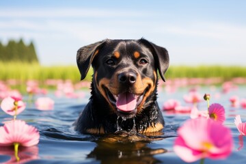 Wall Mural - Lifestyle portrait photography of a happy rottweiler swimming in a lake against tulip fields background. With generative AI technology