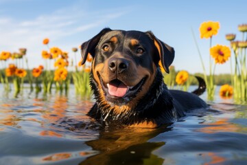 Sticker - Lifestyle portrait photography of a happy rottweiler swimming in a lake against tulip fields background. With generative AI technology