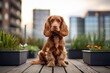 Lifestyle portrait photography of a curious cocker spaniel sitting on a bench against urban rooftop gardens background. With generative AI technology