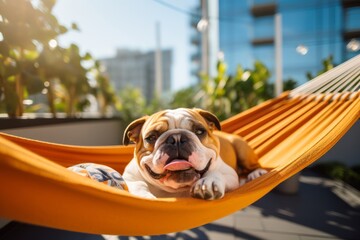 Wall Mural - Lifestyle portrait photography of a happy bulldog lying in a hammock against urban rooftop gardens background. With generative AI technology