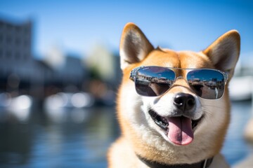 Canvas Print - Lifestyle portrait photography of a smiling akita inu wearing a trendy sunglasses against canals and waterways background. With generative AI technology