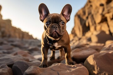 Canvas Print - Close-up portrait photography of a cute french bulldog walking against rock formations background. With generative AI technology