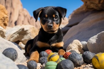 Wall Mural - Environmental portrait photography of a cute rottweiler playing with toys against rock formations background. With generative AI technology