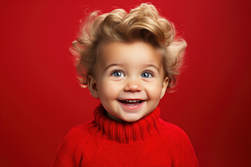 Photo of little child wavy hairstyle look side empty space wear white shirt isolated red color background