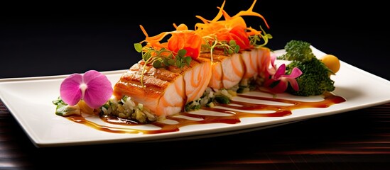 Sticker - At the upscale Japanese restaurant, patrons indulged in a celebration of flavor as they savored the texture and freshness of the orange fish sushi set, a healthy and delightful combination of meat and