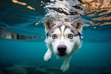 Wall Mural - Environmental portrait photography of a cute siberian husky swimming in a lake against caverns and caves background. With generative AI technology