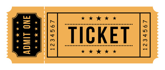 Vector Ticket with one stub rip line. Cinema ticket isolated on white background. Template minimal design for entertainment show, event, boarding pass, cinema, theatre and concert. Vector illustration