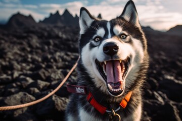 Canvas Print - Environmental portrait photography of a happy siberian husky holding a leash in its mouth against volcanoes and lava fields background. With generative AI technology