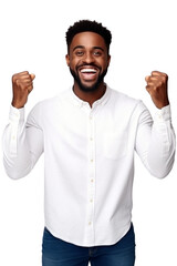 Portrait of a happy handsome african american businessman smiling and raising hands isolated on transparent background. png