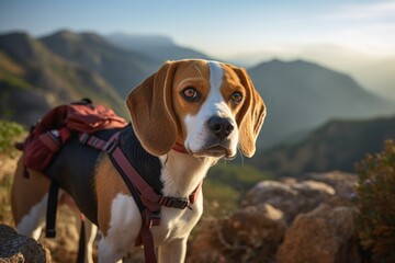 Canvas Print - Close-up portrait photography of a curious beagle hiking against gorges and canyons background. With generative AI technology