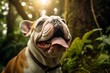 Lifestyle portrait photography of a funny bulldog scratching nose against tropical rainforests background. With generative AI technology