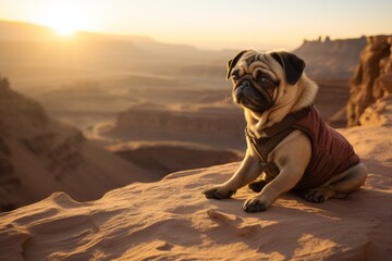 Canvas Print - Lifestyle portrait photography of a curious pug sitting against gorges and canyons background. With generative AI technology