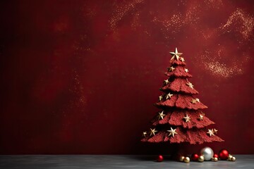 Poster -  a red christmas tree with gold stars and ornaments on a gray surface with a red wall in the back ground.