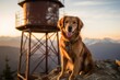 Environmental portrait photography of a curious golden retriever playing with a ball against fire lookout towers background. With generative AI technology