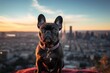 Close-up portrait photography of a curious french bulldog being in front of a city skyline against fire lookout towers background. With generative AI technology