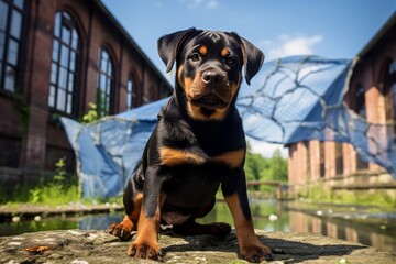 Sticker - Group portrait photography of a happy rottweiler holding a butterfly net against old mills and factories background. With generative AI technology