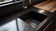 Installing undermount kitchen cabinet: Black single stainless steel sink in a high-rise apartment,.