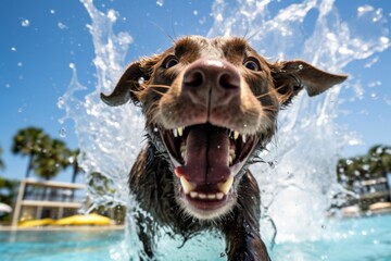 Poster - Close-up portrait photography of a funny labrador retriever shaking off water after swimming against kite festivals background. With generative AI technology