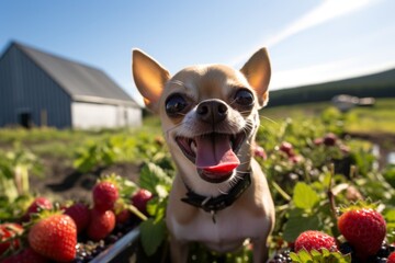 Sticker - Medium shot portrait photography of a funny chihuahua eating against berry farms background. With generative AI technology