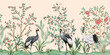 Vintage botanical garden tree, crane, plant floral seamless border pink background. Exotic chinoiserie mural.	