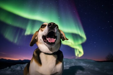 Wall Mural - Group portrait photography of a smiling beagle barking against aurora borealis viewing spots background. With generative AI technology