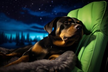 Canvas Print - Medium shot portrait photography of a funny rottweiler sleeping in a dog bed against aurora borealis viewing spots background. With generative AI technology