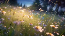 Magical Flower Field By Night With Bokeh Sparkling Lights Moving In The Wind. Fantasy And Blooming Flowers. Camera Moving Through Alpine Meadow With Colorful Flowers Nature Concept Flowers Bloom 