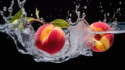  two peaches falling into the water with a splash of water on the top and bottom of the image on a black background.