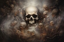  A Painting Of A Skull Surrounded By Smoke And Skulls On A Black Background With A White Smoke Cloud In The Middle Of The Image.