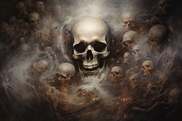  a painting of a skull surrounded by smoke and skulls on a black background with a white smoke cloud in the middle of the image.