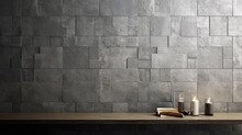  A Wooden Table Topped With Two Candles Next To A Wall Covered In Blocks Of Grey Tiles And A Candle Holder.