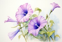  A Watercolor Painting Of Purple Flowers With Green Leaves On A White Background With A Blue Center Surrounded By Green Leaves.