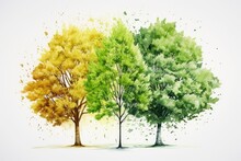  Three Trees Are Painted In Different Colors Of Green, Yellow, And Red, Each With A Different Amount Of Leaves.